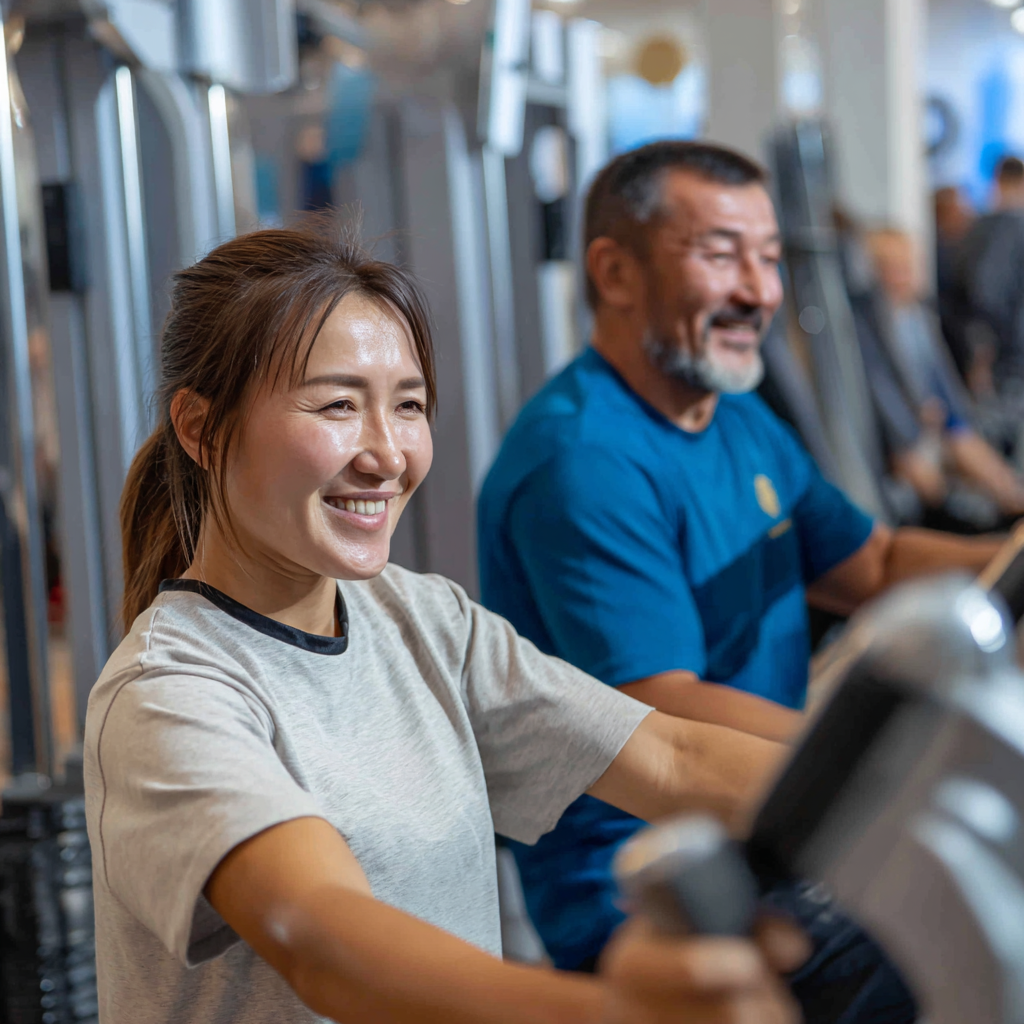 Smiling Kazakh adults of different ages engaged in fitness activities, showing strength and vitality in a modern gym setting