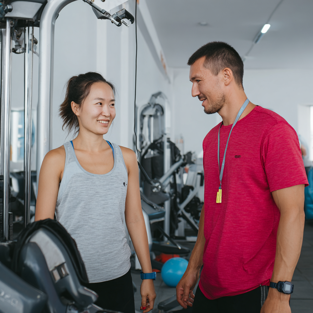 Professional Kazakh fitness trainer demonstrating proper exercise form with clients of various ages in a supportive training environment